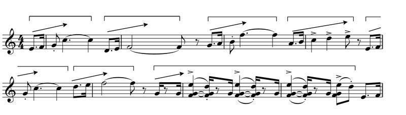 В целом, самые высокие ноты в этих мотивах формируют восходящий контур от C до F